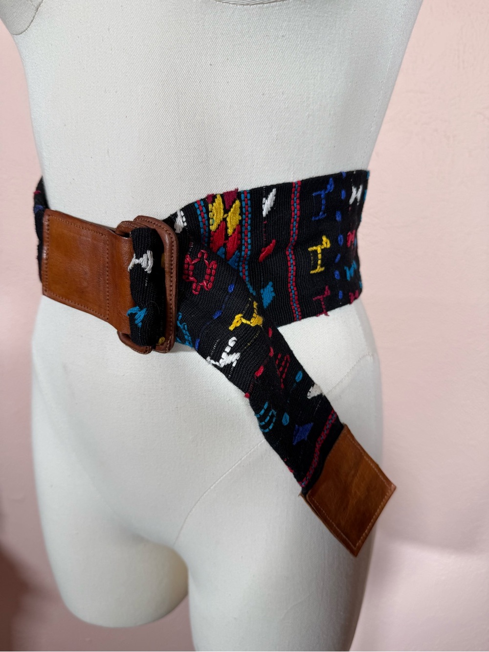 Vintage southwestern woven black fabric leather boho wide belt